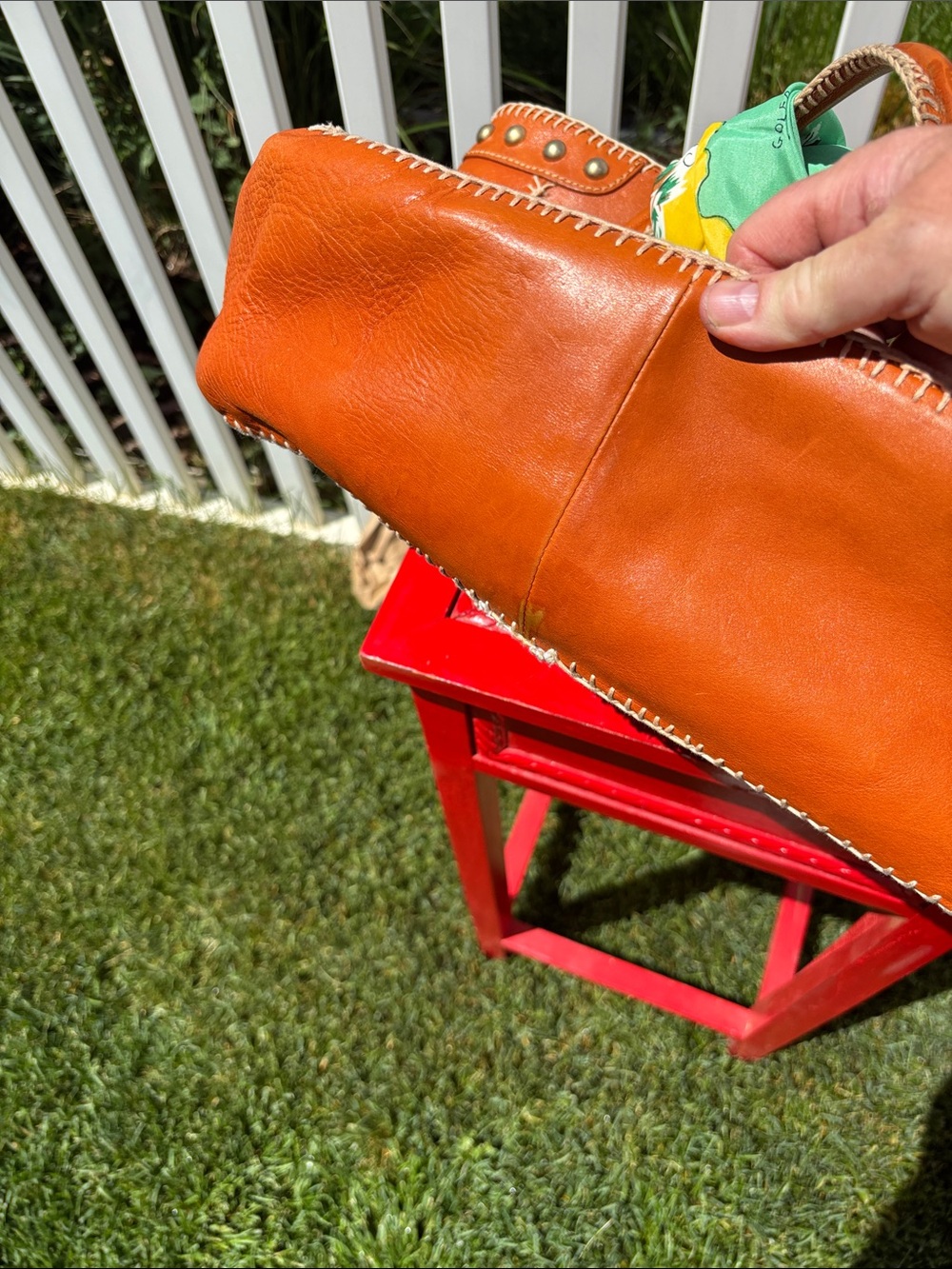 Isabella Fiore Leather Stiched Lrge Satchel, Vintage Panama Scarf, Gorgeous - Picture 9 of 11